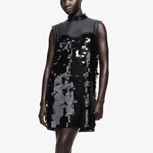 H&M Edition Black Sequin Beaded Mock Neck Mini Dress Sleeveless XL Holiday Party